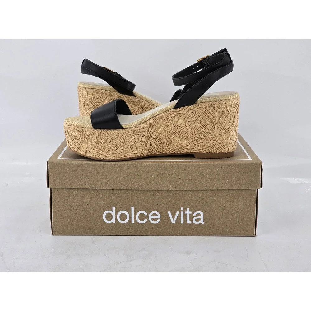 Dolce Vita Talisa Wedge Sandals Womens 9 Black Leather Espadrille - NEW